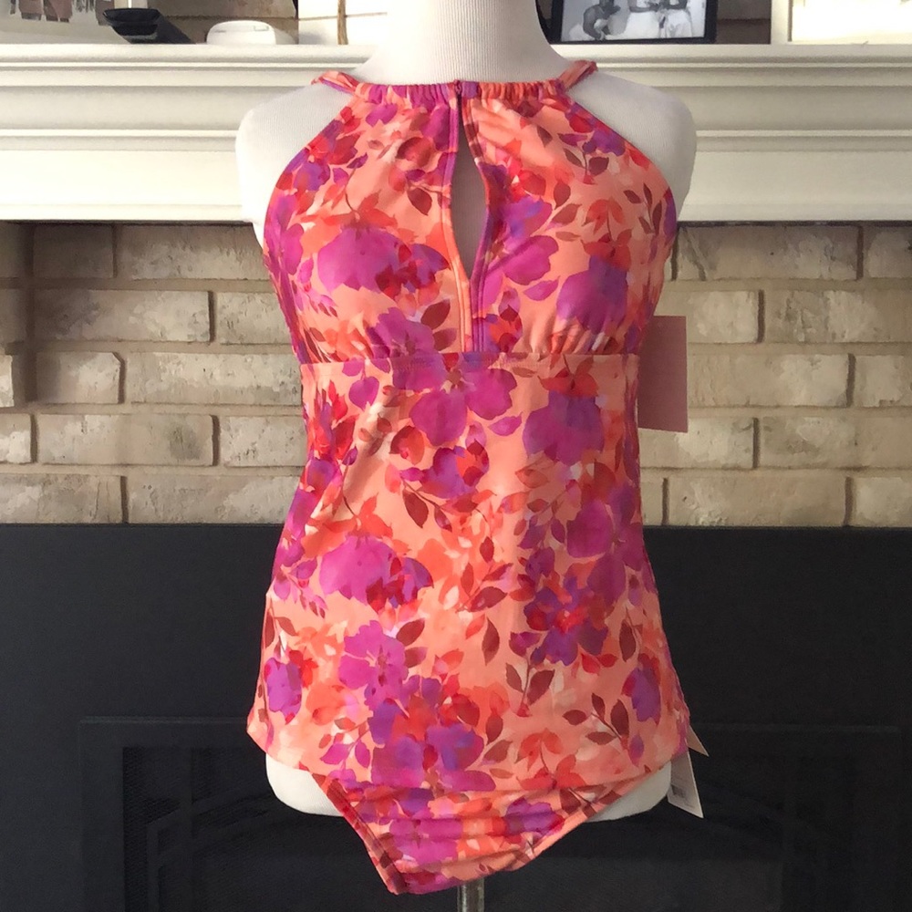 Alex Marie Orange Purple Floral High Neck 2-Pc. Tankini Set size Top-M Bottom-L